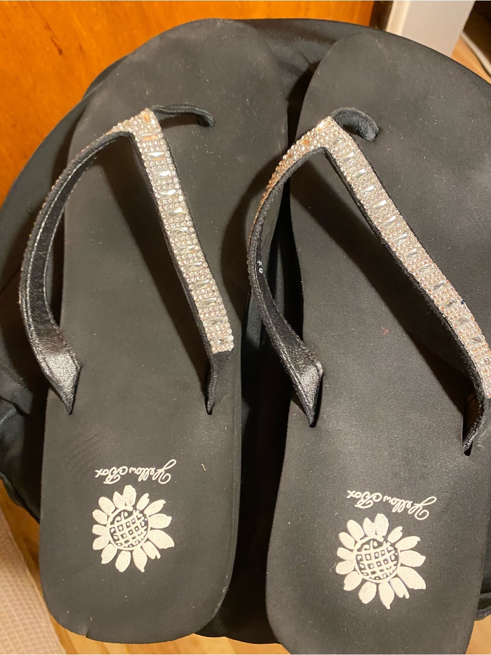 Yellow Box Black Rhinestone Strap Sandals